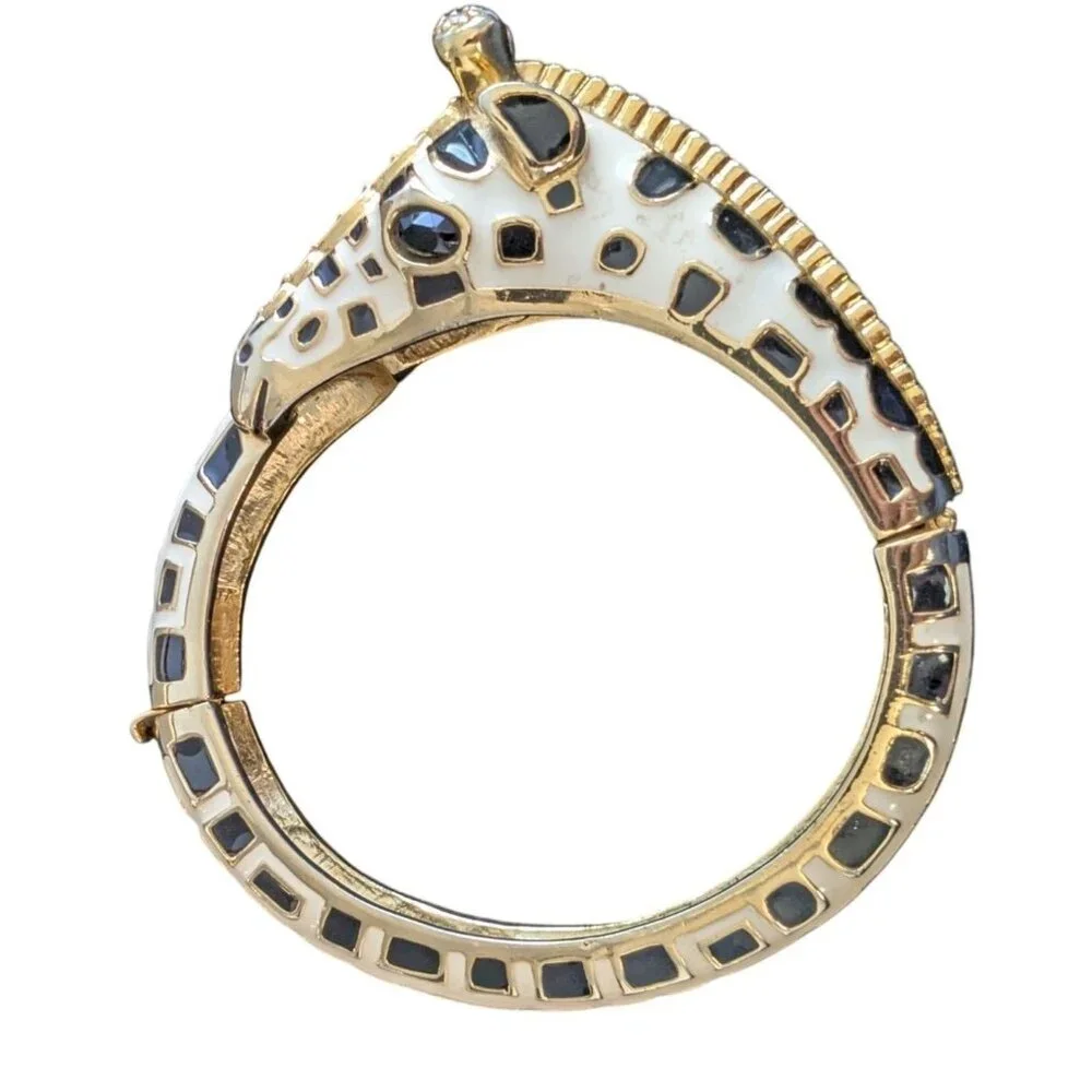 Gold-Tone Giraffe Design Hinged Bracelet size 6.5 with Black & White Enamel Deta - Picture 2 of 13
